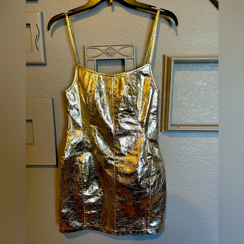 Faux leather little gold dress. Spaghetti strap, sexy mini. Size 4.